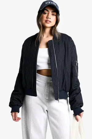 Boohoo Womens Pinstripe Wool Look Bomber Jacket - - 8