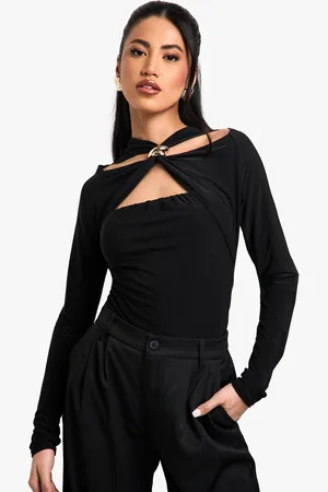Boohoo Womens Double Layer Slinky Trim Detail Cut Out Bodysuit - - 6