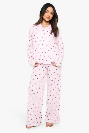 Boohoo Womens Cherry Print Long Sleeve Shirt & Trousers Pyjama Set - - 6