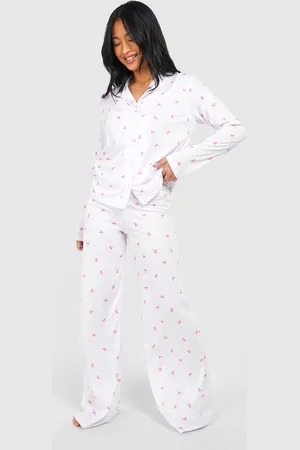 Boohoo Womens Petite Bow Print Long Sleeve Shirt & Trousers Pyjama Set - - 8
