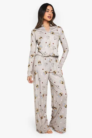 Boohoo Womens Coffee Print Bow Detail Long Sleeve Top & Trousers Pyjama Set - - 6