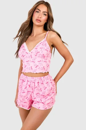 Boohoo Womens Bow Print Lace Trim Cami Top & Shorts Pyjama Set - - 12