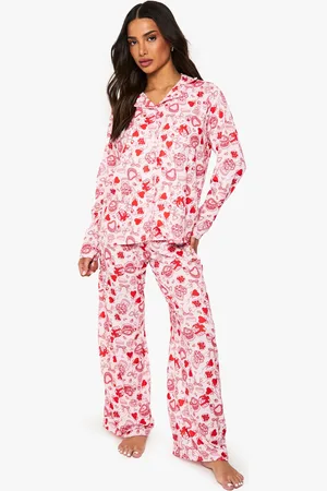 Boohoo Womens Petite Mixed Bow & Heart Print Long Sleeve Shirt & Trousers Pyjama Set - - 6