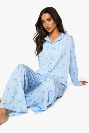 Boohoo Womens Petite Bow Print Long Sleeve Shirt & Trousers Pyjama Set - - 6