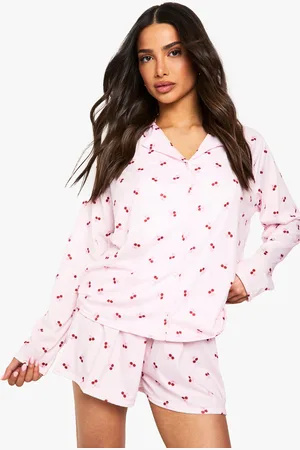 Boohoo Womens Petite Cherry Print Long Sleeve Shirt & Shorts Pyjama Set - - 8