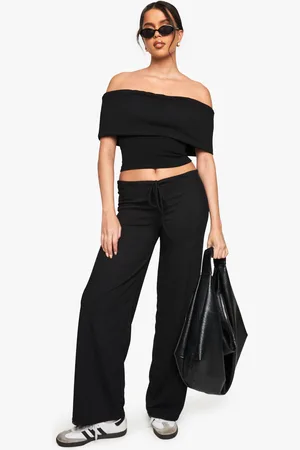 Boohoo Womens Rib Foldover Bardot Top And Straight Leg Trouser Set - - 6
