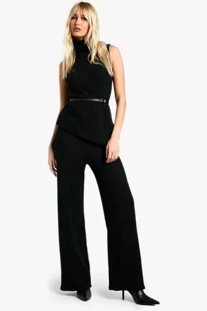 Boohoo Womens Brushed Chunky Rib High Neck Asymmetric Hem Top And Wide Leg Trouser Co Ord - - 14