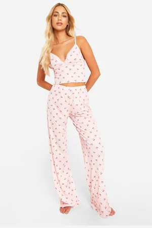 Boohoo Womens Cherry Print Lace Trim Cami Top & Trousers Pyjama Set - - 10