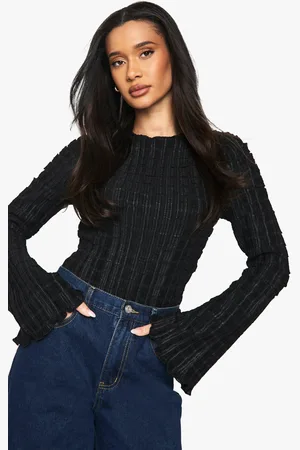 Boohoo Womens Textured Long Sleeve Flared Sleeve Bodysuit - - 6