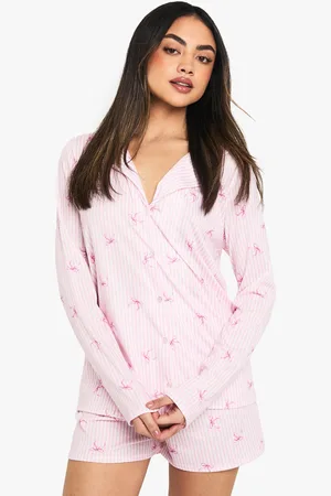 Boohoo Womens Mixed Bow & Stripe Print Long Sleeve Shirt & Shorts Pyjama Set - - 6