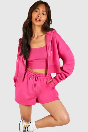 Boohoo Womens Deep Hem Crop Top 3 Piece Hooded Short Tracksuit - - S