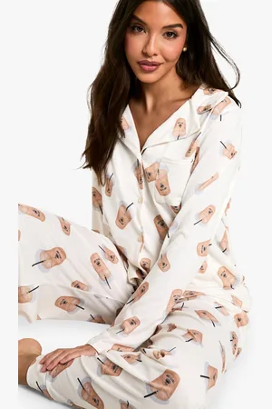 Boohoo Womens Latte Print Long Sleeve Shirt & Trousers Pyjama Set - - 6