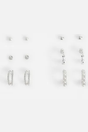 Boohoo Womens Silver 6 Pack Embellished Earrings - - One Size