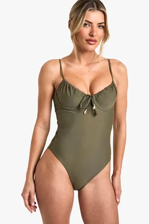 Boohoo Womens Shell Trim Ruched Cup Tie Front Underwired Swimsuit - - 6