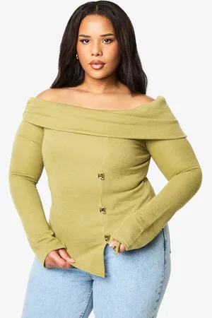 Boohoo Womens Plus Knitted Bardot Gold Trim Split Hem Top - - 16