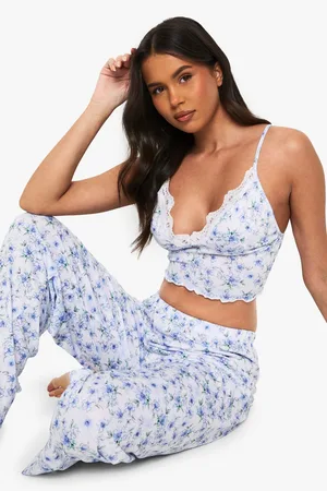 Boohoo Womens Blue Floral Print Cami Top & Trousers Pyjama Set - - 6