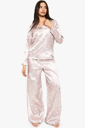 Boohoo Womens Cloud Print Satin Long Sleeve Shirt & Trousers Pyjama Set - - 6