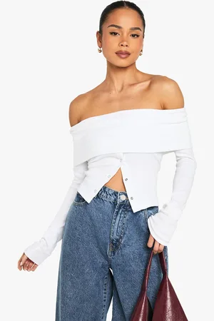 Boohoo Womens Popper Detail Off The Shoulder Long Sleeve Top - - 8