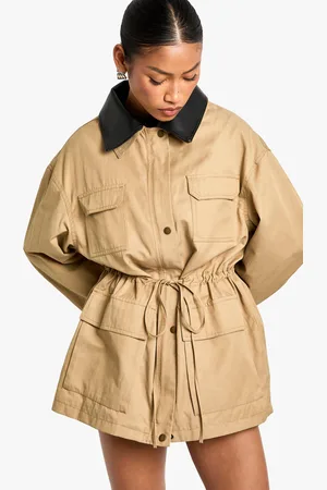 Boohoo Womens Cinched Waist Faux Leather Collar Barn Jacket - - 8