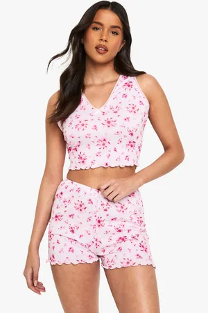 Boohoo Womens Floral Print Lace Trim Vest & Shorts Pyjama Set - - 6