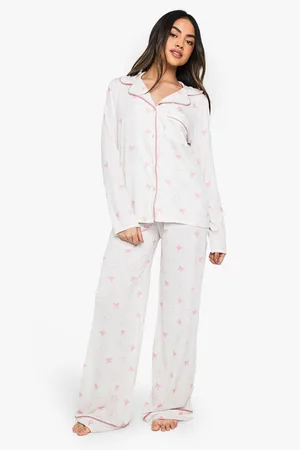 Boohoo Womens Bow Print Piping Detail Long Sleeve Shirt & Trousers Pyjama Set - - 8