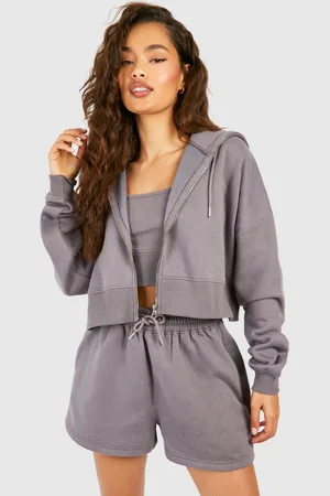 Boohoo Womens 3 Piece Deep Hem Crop Zip Through Short Tracksuit - - M