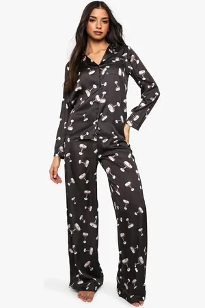 Boohoo Womens Espresso Martini Print Satin Long Sleeve Shirt & Trousers Pyjama Set - - 6