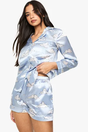 Boohoo Womens Cloud Print Satin Long Sleeve Shirt & Shorts Pyjama Set - - 6