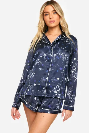Boohoo Womens Christmas Star Print Satin Long Sleeve Shirt & Shorts Pyjama Set - - 6