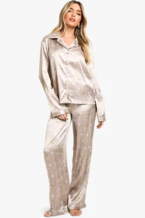 Boohoo Womens Martini Print Satin Long Sleeve Shirt & Trouser Pyjama Set - - 6