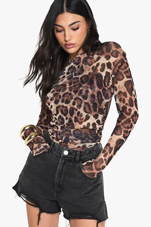 Boohoo Womens Leopard Mesh Flare Sleeve Cross Over Bodysuit - - 6