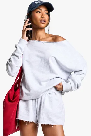 Boohoo Womens Loopback Off The Shoulder Raw Edge Sweatshirt - - M