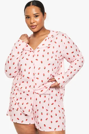 Boohoo Womens Plus Strawberry Print Long Sleeve & Short Pj Set - - 16