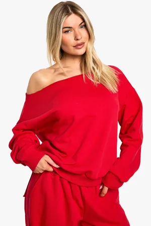 Boohoo Womens Loopback Off The Shoulder Raw Edge Sweatshirt - - L