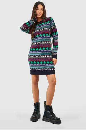 Boohoo Womens All Over Fairisle Christmas Jumper Dress - - S
