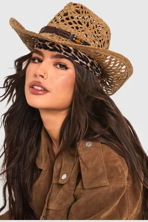 Boohoo Womens Beaded Trim Straw Western Cowboy Hat - - One Size