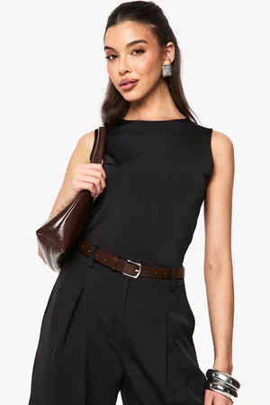 Boohoo Womens Wider Strap Sleeveless Slinky Double Layer Bodysuit - - 6
