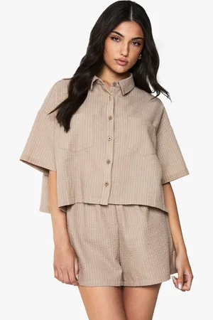 Boohoo Womens Textured Short Sleeve Stripe Shirt And Short Co-Ord - - 6