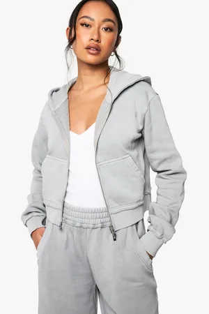 Boohoo Womens Washed Exposed Seam Shrunken Zip Through Hoodie - - S
