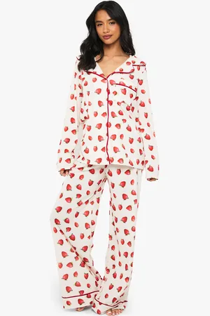 Boohoo Womens Petite Strawberry Print Long Sleeve Shirt & Trousers Pyjama Set - - 6