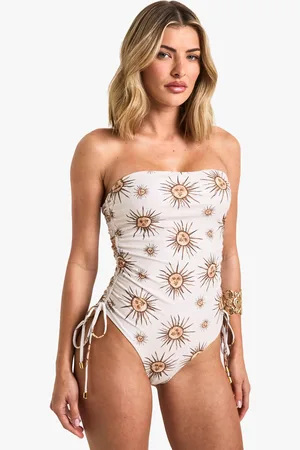 Boohoo Womens Celestial Print Ruched Bandeau Swimsuit - - 6