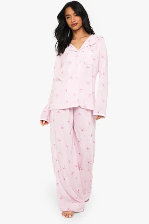 Boohoo Womens Petite Bow Print Piping Detail Long Sleeve Shirt & Trousers Pyjama Set - - 8