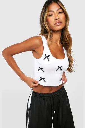 Boohoo Womens Satin Bow Applique Ribbed Crop Top - - 8