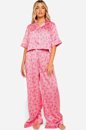 Boohoo Womens Bow Print Satin Shirt & Trouser Pyjama Set - - 6