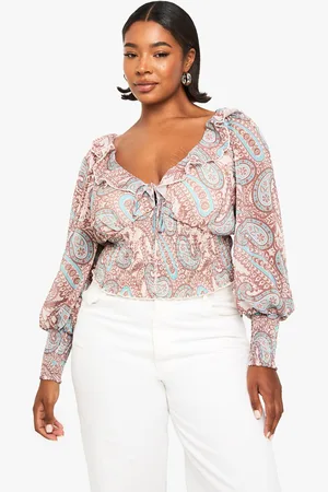 Boohoo Womens Plus Paisley Shirred Waist Plunge Blouse - - 16