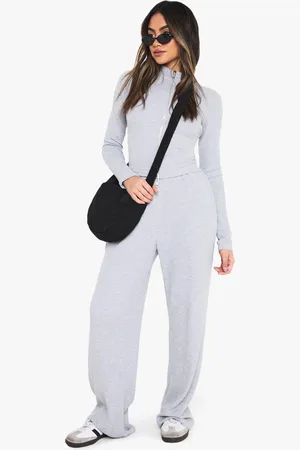 Boohoo Womens Waffle Zip Through Top Wide Leg Jogger Tracksuit - - S