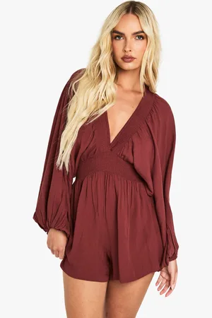 Boohoo Womens Cheescloth Plunge Long Sleeve Playsuit - - 8