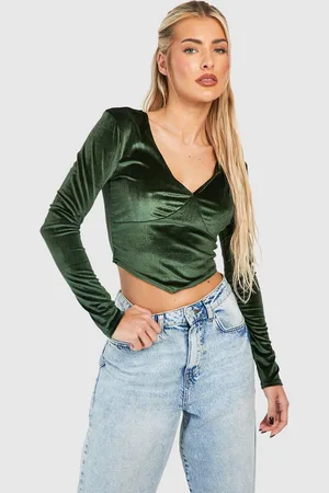 Boohoo Womens Velvet Long Sleeve V Hem Corset Top - - 8