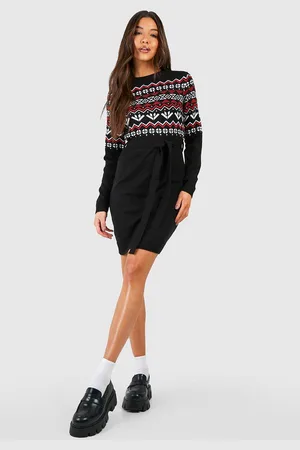 Boohoo Womens Belted Fairisle Christmas Jumper Dress - - S