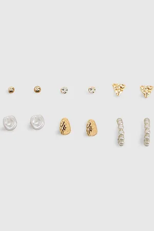 Boohoo Womens Pearl And Hammered Metal Earring 6 Pack - - One Size